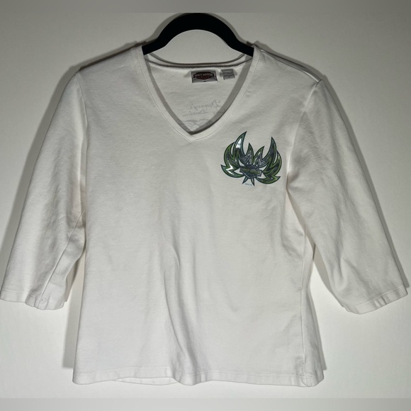 Vintage Y2K 2005 Harley-Davidson v-neck baby white tee Ozarks Springfield sz M - Picture 1 of 10
